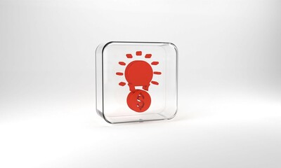 Red Light bulb with dollar symbol icon isolated on grey background. Money making ideas. Fintech innovation concept. Glass square button. 3d illustration 3D render