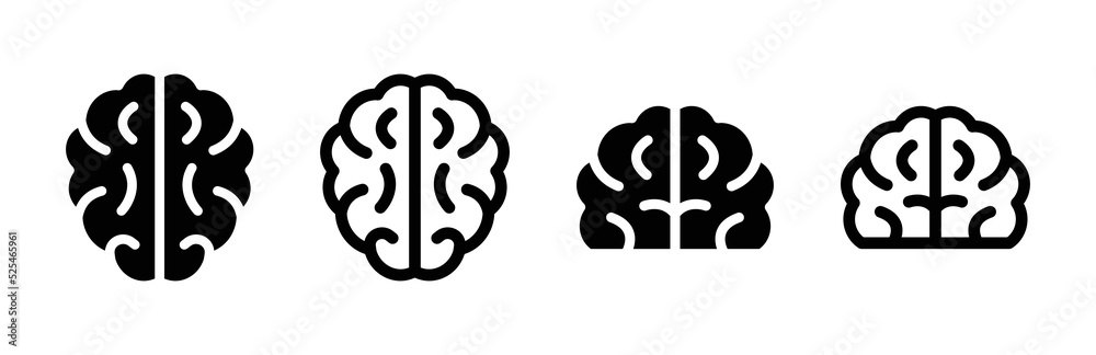 Poster human brain icon set solid and outline style isolated on white background.