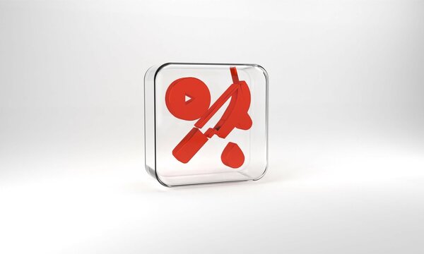 Red Thriller movie icon isolated on grey background. Bloody knife. Suspenseful cinema genre, survival horror. Shocking films with gore and violence. Glass square button. 3d illustration 3D render
