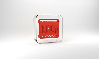 Red Full HD 1080p icon isolated on grey background. Glass square button. 3d illustration 3D render