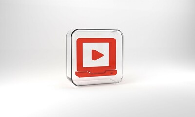 Red Online play video icon isolated on grey background. Laptop and film strip with play sign. Glass square button. 3d illustration 3D render
