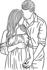 Happy Couple Maternity Pose Husband and Wife Pregnant Line Art illustration