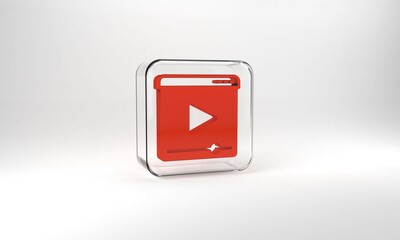Red Online play video icon isolated on grey background. Film strip with play sign. Glass square button. 3d illustration 3D render