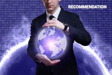 Business, Technology, Internet and network concept. Young businessman working on a virtual screen of the future and sees the inscription: Recommendation