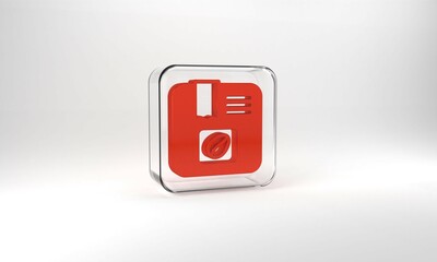 Red Bag of coffee beans icon isolated on grey background. Glass square button. 3d illustration 3D render