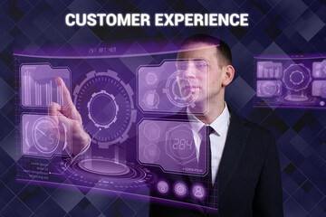 Business, Technology, Internet and network concept. Young businessman working on a virtual screen of the future and sees the inscription: Customer experience