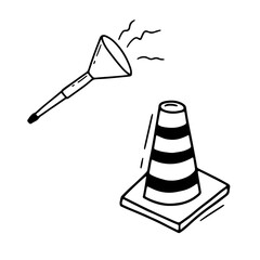 Doodle Icon traffic cone and pipe isolated on white. Sketch