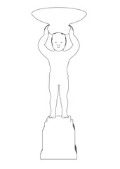 The contour of the sculpture of a boy holding a large bowl on his head from black lines isolated on a white background. Front view. Vector illustration.