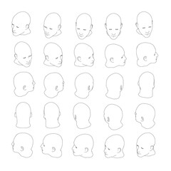 Set with contours of a man's head in different positions from black lines isolated on a white background. The head turns fifteen degrees. Isometric view. Vector illustration.