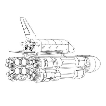 recommend clip art: Outline of a rocket with a spaceship from black lines isolated on a white background. Back view. Vector illustration.