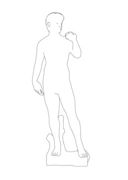 The outline of the statue of David from black lines isolated on a white background. Front view. Vector illustration.