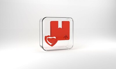 Red Delivery security with shield icon isolated on grey background. Delivery insurance. Insured cardboard boxes beyond the shield. Glass square button. 3d illustration 3D render