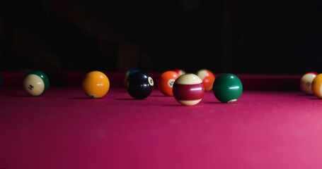 Slow motion Man hits cue ball and breaks ball rack on the pool table. - Powered by Adobe