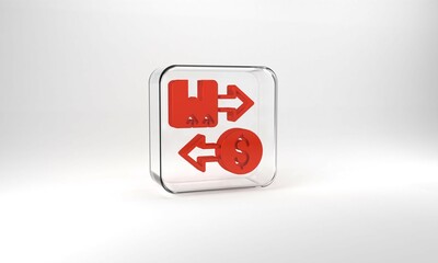 Red Tax carton cardboard box icon isolated on grey background. Box, package, parcel sign. Delivery and packaging. Glass square button. 3d illustration 3D render