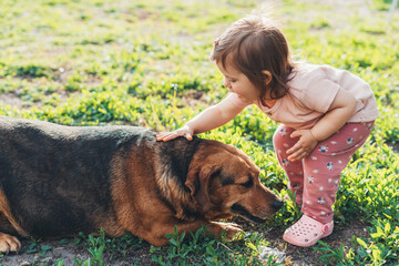 Caucasian baby girl stroking his purebred dog, while they went outside in the open air. Healthy...