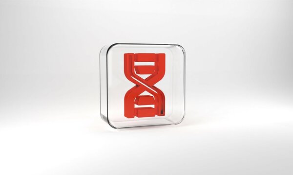 Red DNA symbol icon isolated on grey background. Glass square button. 3d illustration 3D render