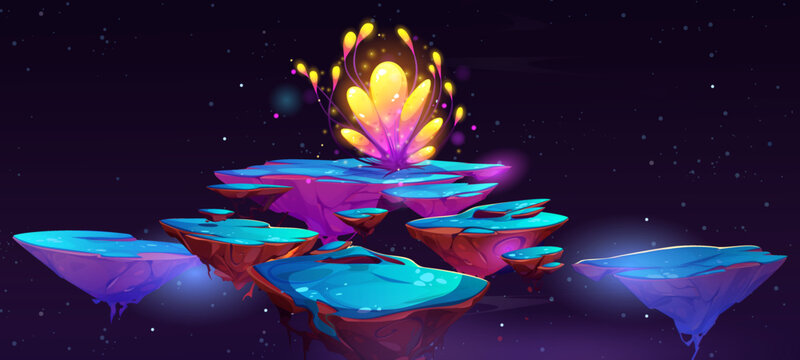 Fantasy flower on flying island platform. Vector illustration of magic pieces of land covered with ice floating in air, beautiful abstract plant on top. Cartoon cosmic background for adventure game ui