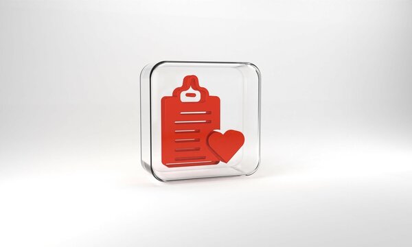 Red Medical clipboard with clinical record icon isolated on grey background. Prescription, medical check marks report. Glass square button. 3d illustration 3D render