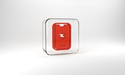 Red Telephone with emergency call 911 icon isolated on grey background. Police, ambulance, fire department, call, phone. Glass square button. 3d illustration 3D render