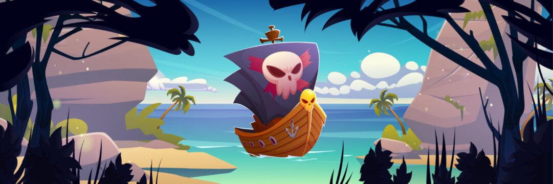 Pirate ship with black sails and jolly roger floating on ocean water waves to tropical island with palm trees, sandy beach and rocks. Cartoon game scene with filibusters battleship Vector illustration