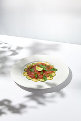 Beef carpaccio with zucchini and cucumber on white table with sunlight shadows. Appetizer of meat - beef carpaccio on summer dining. Sliced raw meat in italian style. Aesthetic menu.