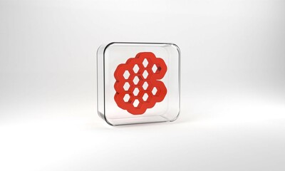 Red Honeycomb icon isolated on grey background. Honey cells symbol. Sweet natural food. Glass square button. 3d illustration 3D render