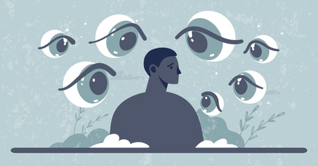 Fear of public speaking concept banner, schizophrenia and persecution mania, social media publicity. A man surrounded by eyes looking at him. Vector poster of psychotherapy and psychology. - obrazy, fototapety, plakaty