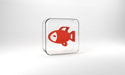 Red Fish icon isolated on grey background. Glass square button. 3d illustration 3D render