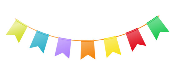 Fototapeta premium Garland of multicolored flags isolated on white background. Colored flags for holiday decoration. Vector illustration.
