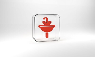 Red Washbasin with water tap icon isolated on grey background. Glass square button. 3d illustration 3D render