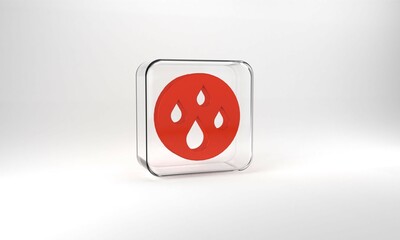 Red Water drop icon isolated on grey background. Glass square button. 3d illustration 3D render