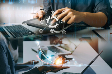 planning and strategy, Stock market, Business growth, progress or success concept. Businessman or trader is showing a growing virtual hologram stock, invest in trading.