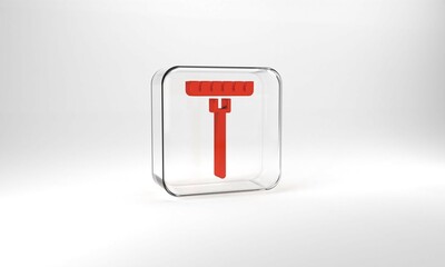 Red Garden rake icon isolated on grey background. Tool for horticulture, agriculture, farming. Ground cultivator. Housekeeping equipment. Glass square button. 3d illustration 3D render