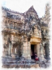 Fototapeta premium Ancient stone castle and ancient pattern art in Thailand watercolor style illustration impressionist painting.