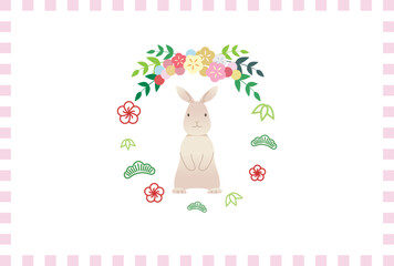 うさぎ、花の飾り、松・竹・梅のアイコンを丸く並べたフレームの年賀状