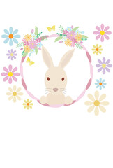 花の飾り付きのリボンのフレームの中にいるうさぎ、フレーム周りに花を置いたイラスト