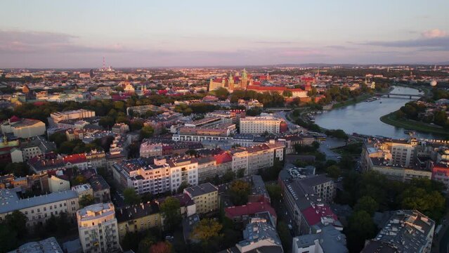 Wawel castle and city center of Krakow, Poland, drone view in evening