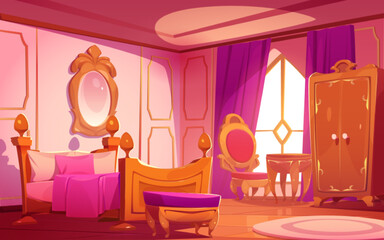 Luxury princess bedroom interior in victorian style. Royal house or palace room with bed, mirror in golden frame, chair, table and wardrobe in morning, vector cartoon illustration