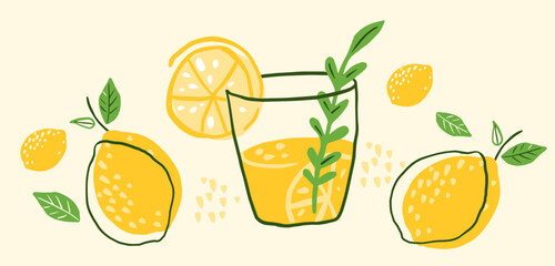 Hand drawn lemon and glass of lemonade. Poster with lemonade. Illustration for icon, logo, print, card, emblem, banner, label. Fresh drink.