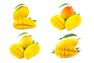 Mango fruit with mango cubes and slices. Isolated on a white background. The collection mango