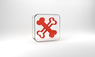 Red Crossed bones icon isolated on grey background. Pets food symbol. Happy Halloween party. Glass square button. 3d illustration 3D render