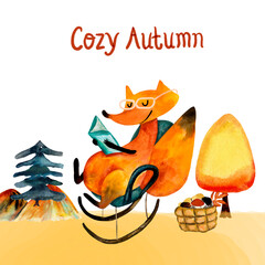 Watercolor square postcard with a fox reading a book on a rocking chair, in the autumn forest, autumn vibes, a basket of mushrooms, watercolor texture, lettering cozy autumn.