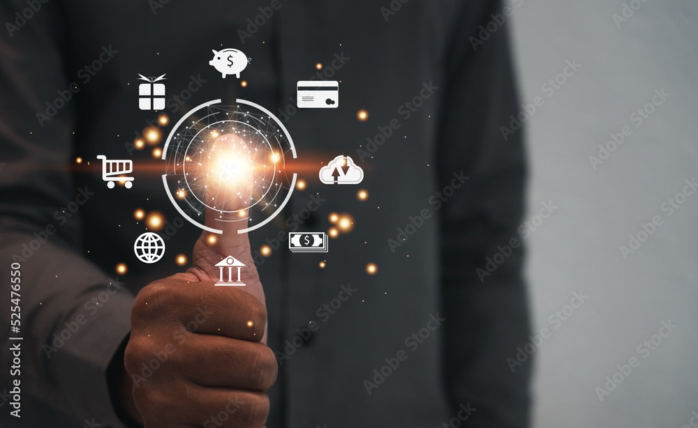 Poster Futuristic digital processing of biometric identification fingerprint scanner for access personal financial data. surveillance and security scanning of digital programs cyber futuristic applications