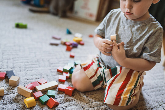 A little boy, 2 years old, sits on the floor and carpet at home and plays with colored wooden blocks. Educational toy constructor. The child learns to play according to the Montessori method