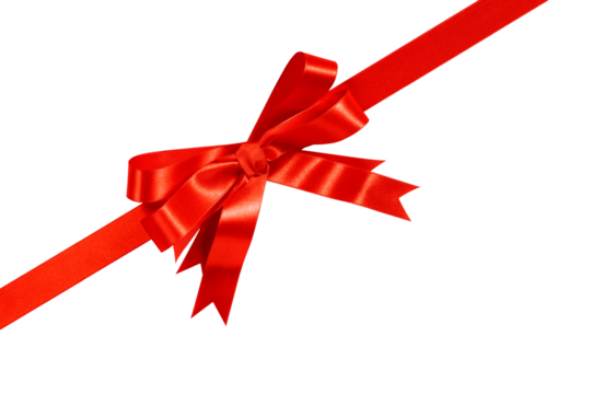 Diagonal red gift ribbon bow isolated transparent background photo PNG file