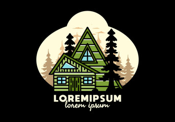 Aesthetic wood house between two pine tree illustration badge design