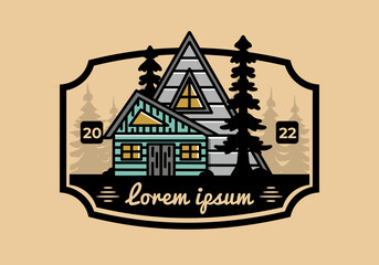 Aesthetic wood house between two pine tree illustration badge design