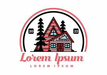 Fototapeta premium Aesthetic wood house between two pine tree illustration badge design