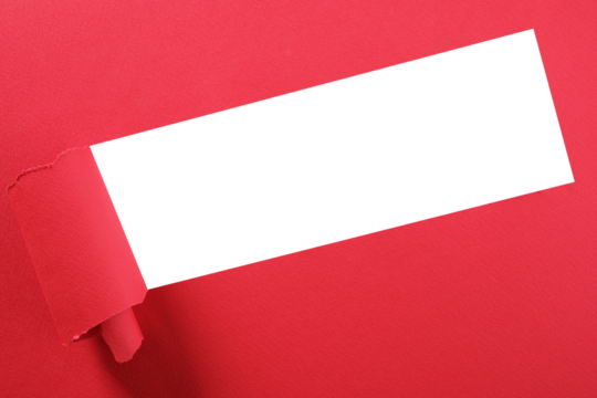 Torn red paper strip curled edge angled diagonal transparent background photo PNG file