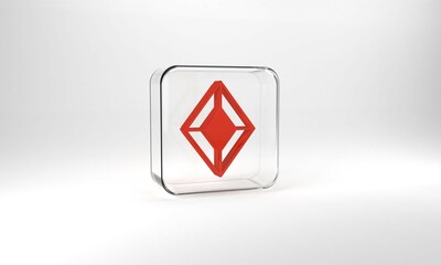 Red Gem stone icon isolated on grey background. Jewelry symbol. Diamond. Glass square button. 3d illustration 3D render